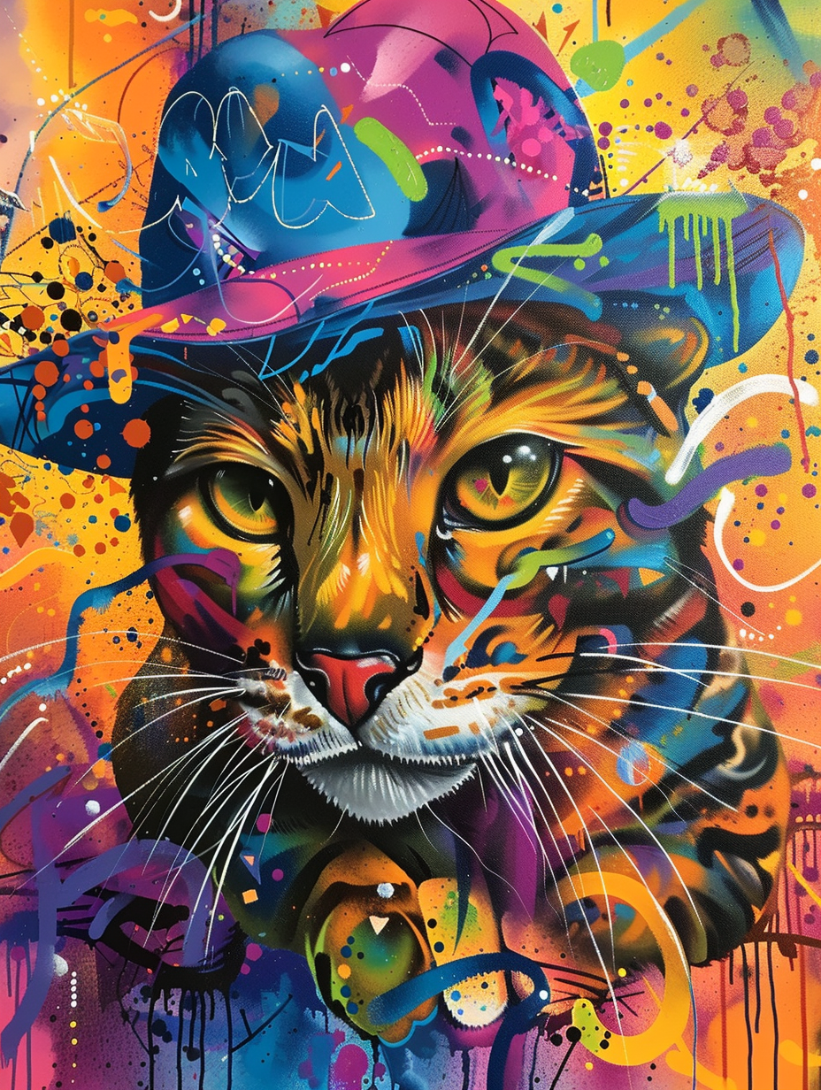 colorful space Bengal cat with a hat by Gotlib Bran Expressive surreal Poster # F024651