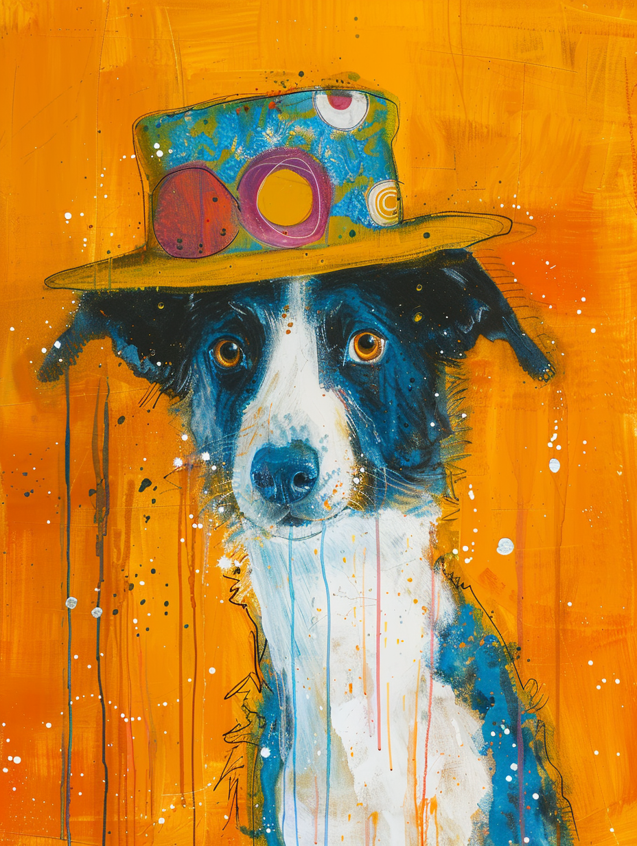 Colorful space Border Collie dog with a hat Expressive surreal Poster # F025148