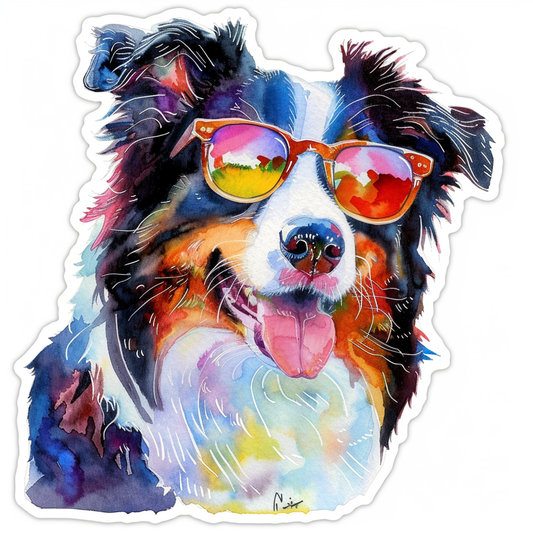Border Collie Dog wearing sunglasses Expressive surreal Vinyl Decal Sticker for Car, Laptop, Tumbler and more # F021686-4" x 4"