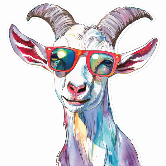 Goat wearing sunglasses Expressive surreal Vinyl Decal Sticker for Car, Laptop, Tumbler and more # F020438-4" x 4"