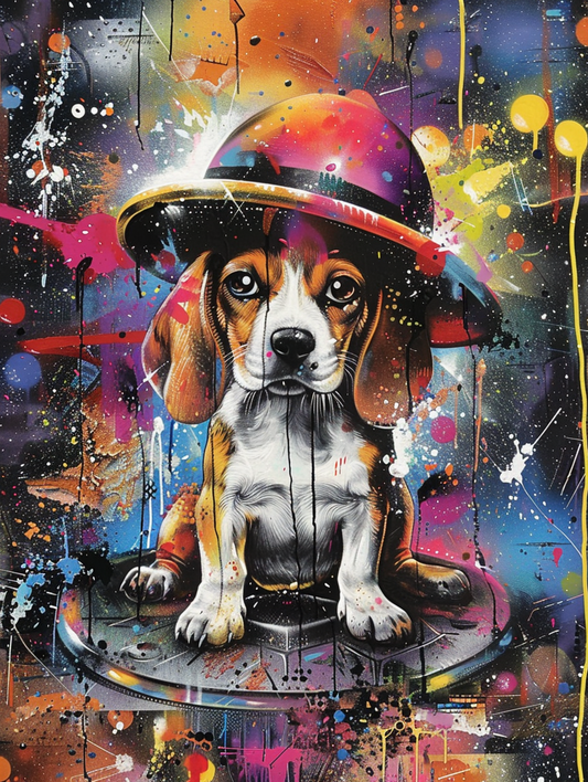 Colorful space Beagle dog with a hat Expressive surreal Poster # F024508
