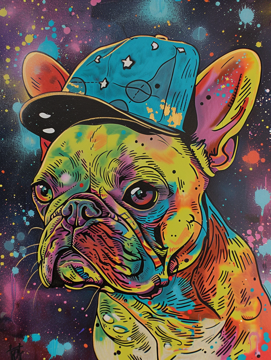 Colorful space Bulldog dog with a hat Expressive surreal Poster # F025543