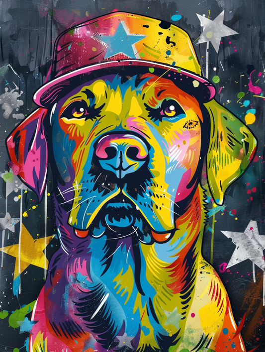 colorful space Labrador Retriever dog with a hat Expressive surreal Poster # F025533