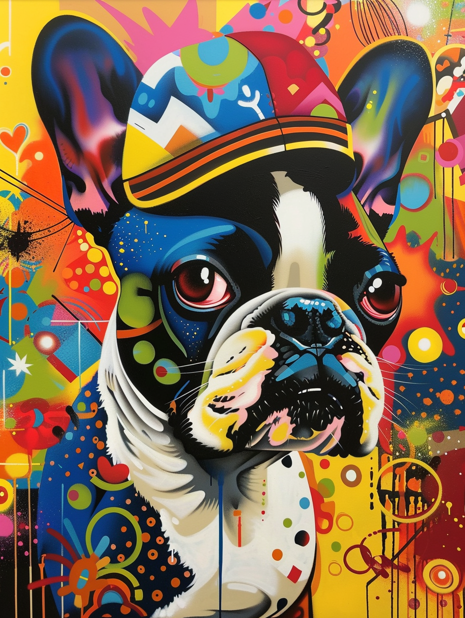 colorful space Boston Terrier dog with a hat Expressive surreal Poster # F025146