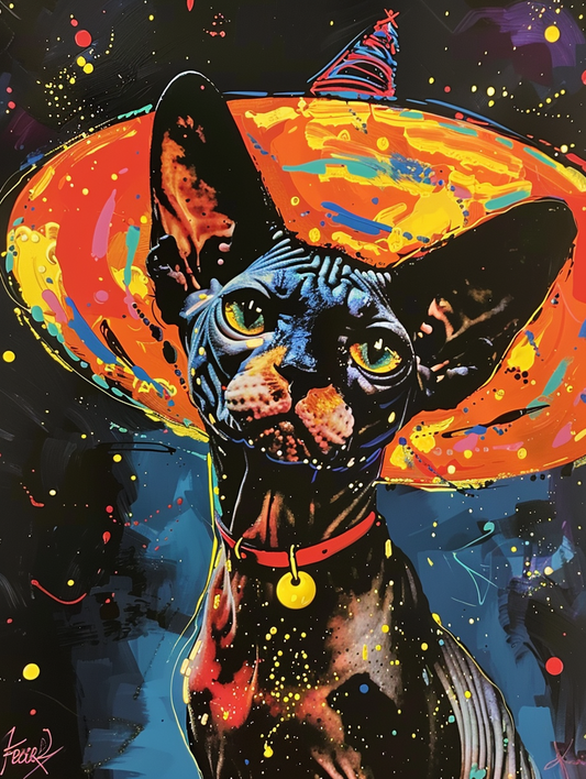 Colorful space Sphynx cat with a hat Expressive surreal Poster # F024674