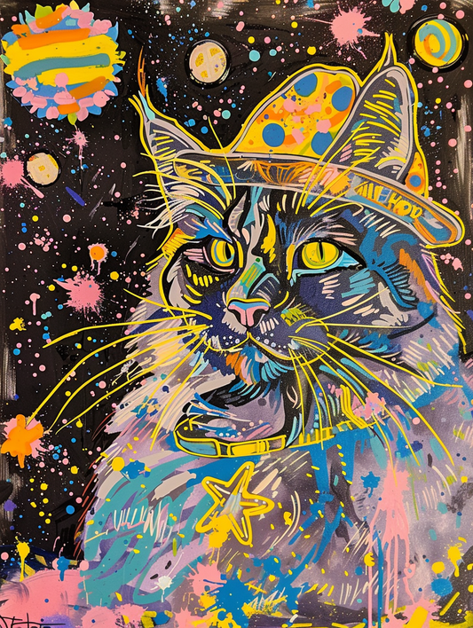 Colorful space Norwegian Forest Cat cat with a hat Expressive surreal Poster # F025350
