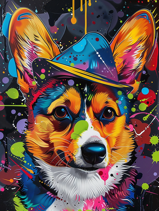 Colorful space Pembroke Welsh Corgi dog with a hat Expressive surreal Poster # F025158