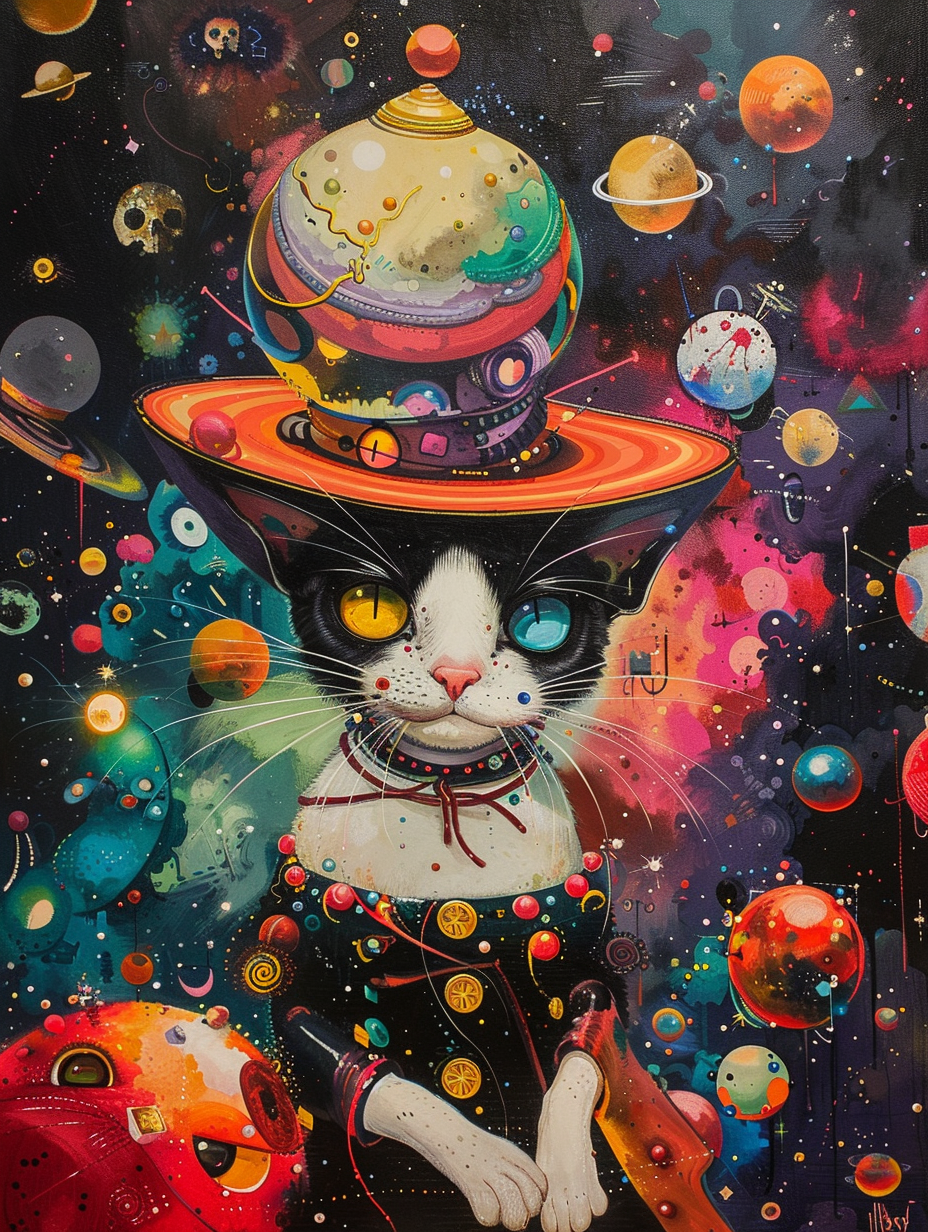 Colorful space Ragdoll cat with a hat Expressive surreal Poster # F025310