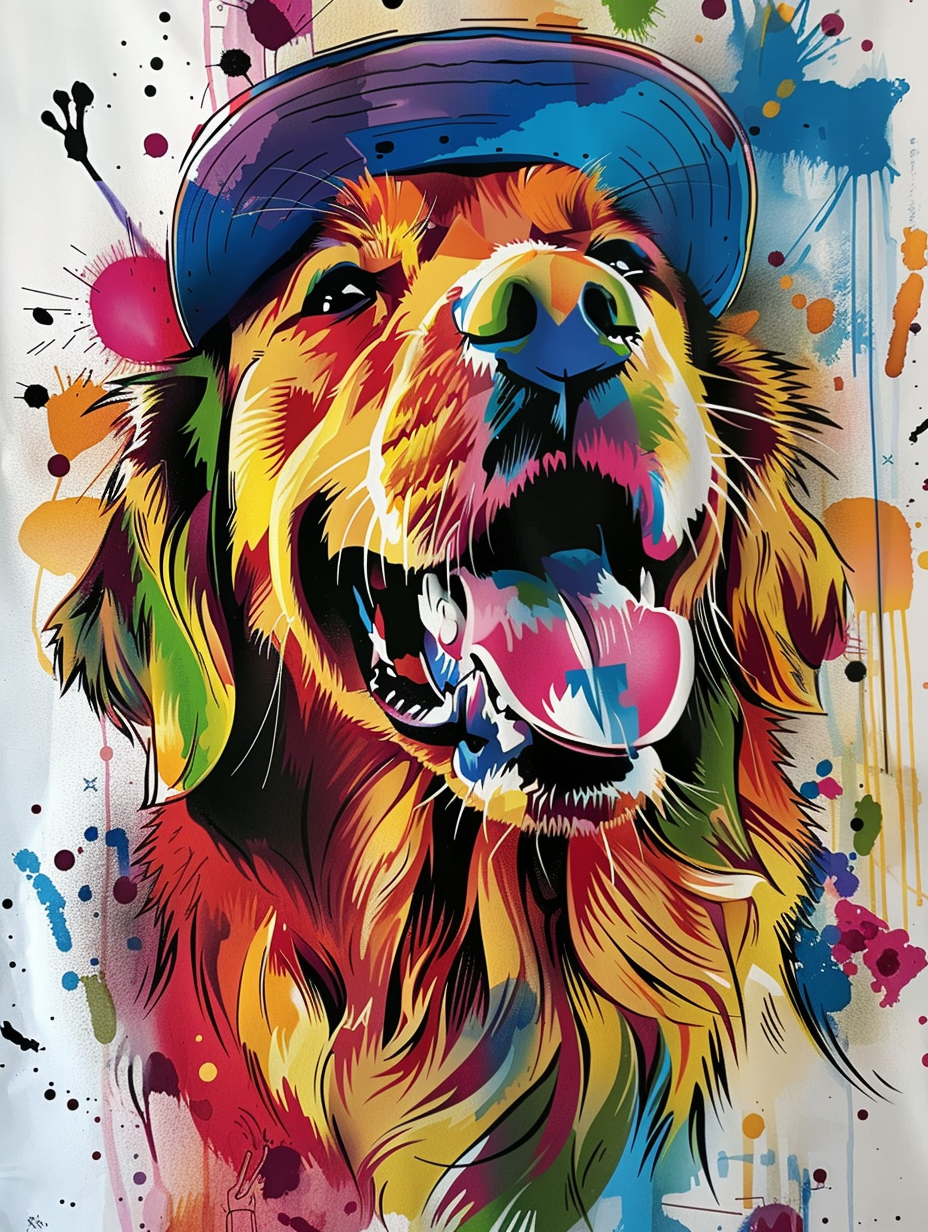 Colorful space Golden Retriever dog with a hat Expressive surreal Poster # F025589