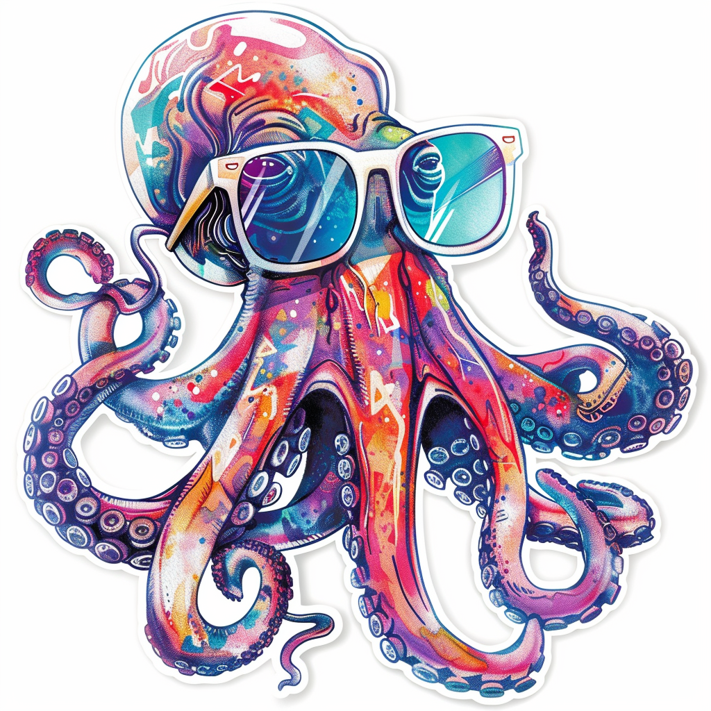 Sticker of a Octopus wearing sunglasses majestic Expressive surreal Vinyl Decal Sticker for Car, Laptop, Tumbler and more # F015386