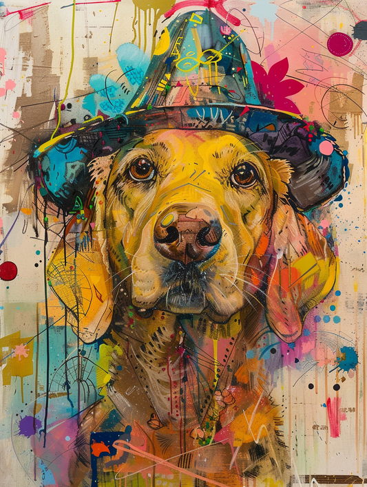 colorful space Golden Retriever dog with a hat Expressive surreal Poster # F025019