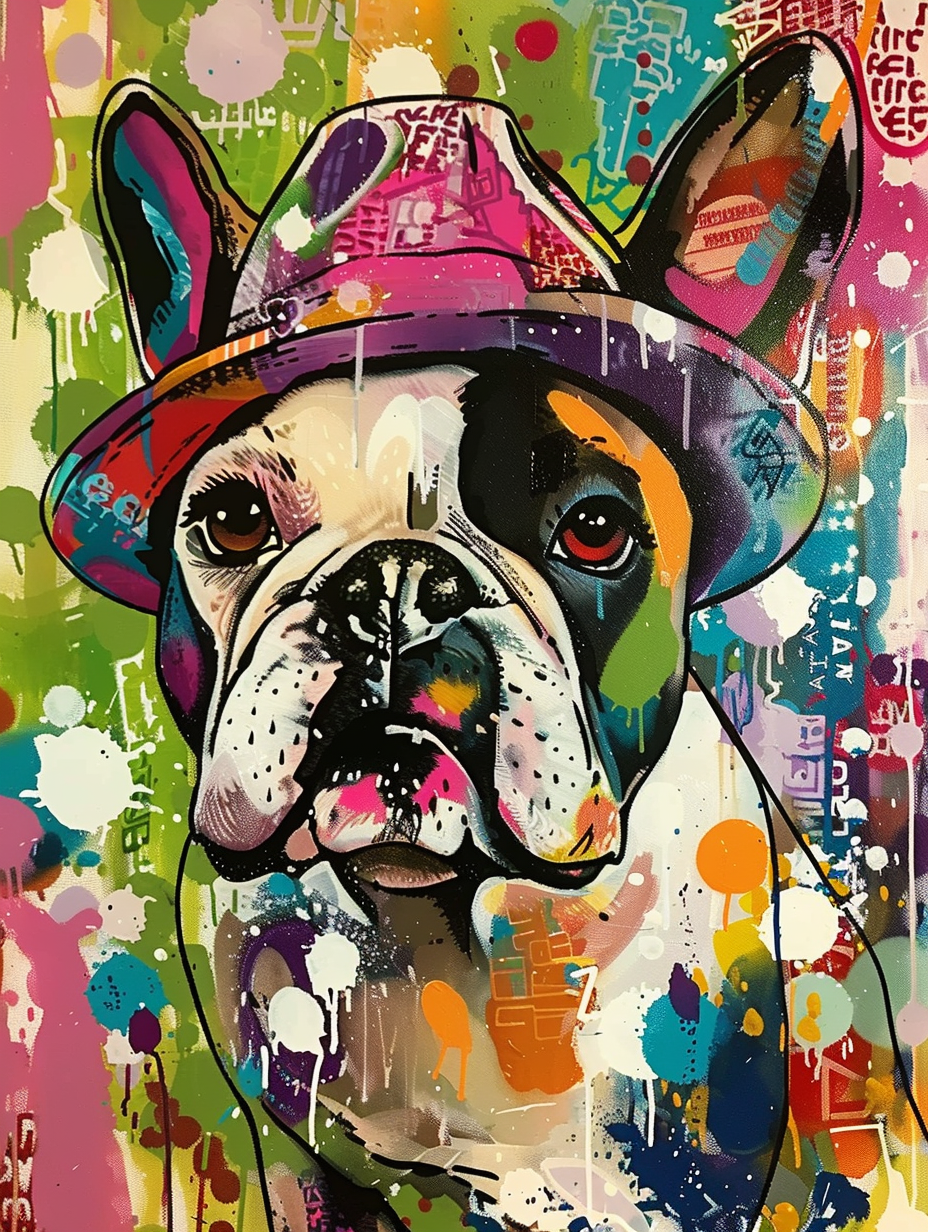 Colorful space Bulldog dog with a hat Expressive surreal Poster # F025630