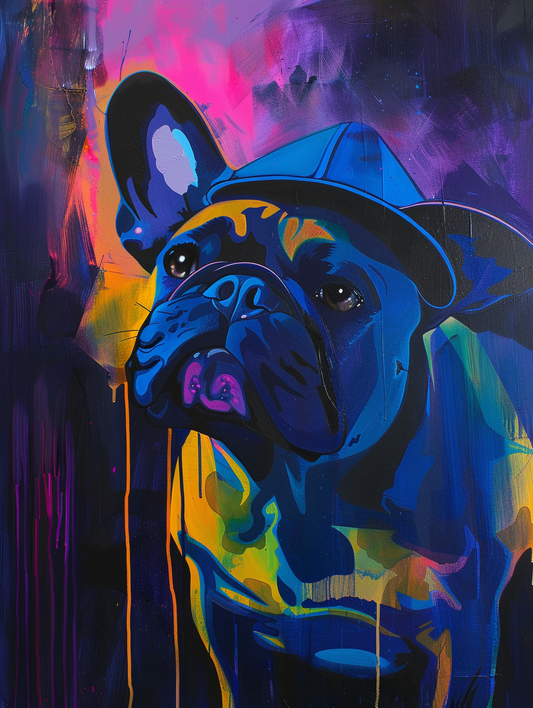 Colorful space Bulldog dog with a hat Expressive surreal Poster # F025597