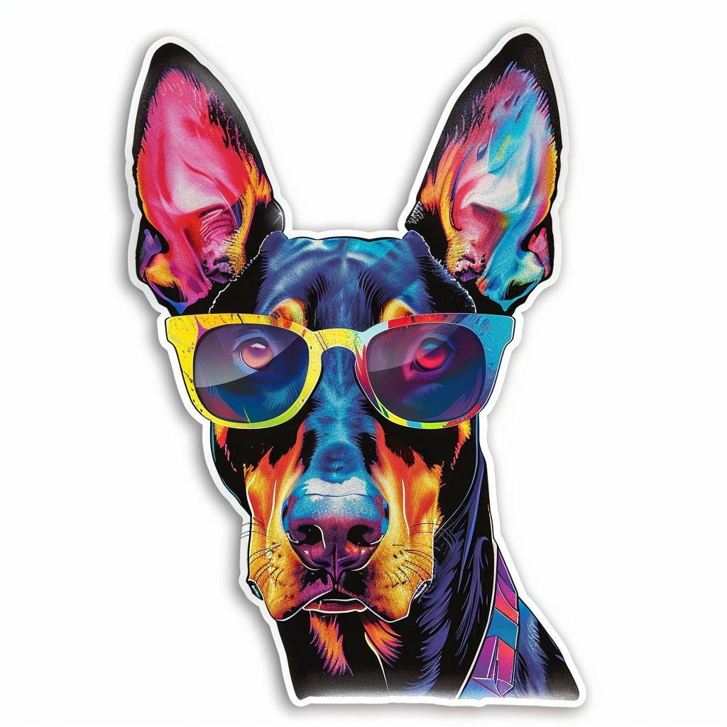 Sticker of a Doberman Pinscher Dog wearing sunglasses Expressive surreal Vinyl Decal Sticker for Car, Laptop, Tumbler and more # F019236