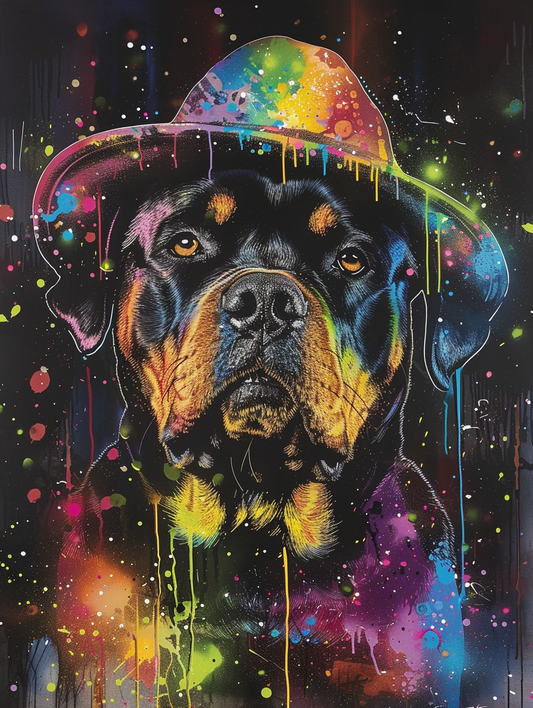Colorful space Rottweiler dog with a hat Expressive surreal Poster # F024946