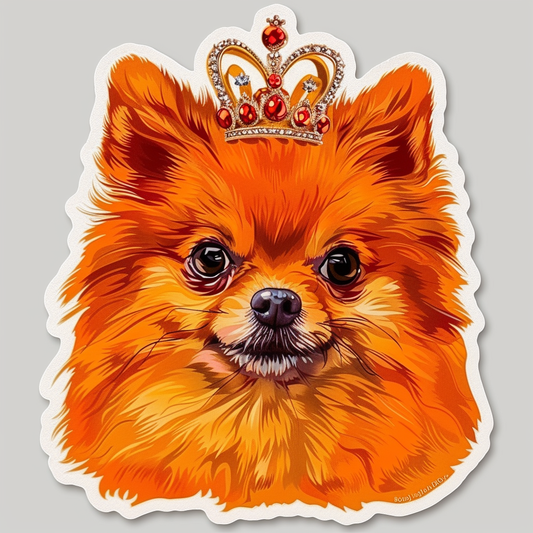 Sticker of a Pomeranian Dog crowned majestic Expressive surreal Vinyl Decal Sticker for Car, Laptop, Tumbler and more # F013925