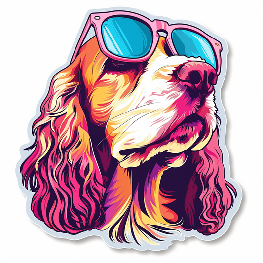 Cocker Spaniel Dog wearing sunglasses Expressive surreal Vinyl Decal Sticker for Car, Laptop, Tumbler and more # F020258-4" x 4"