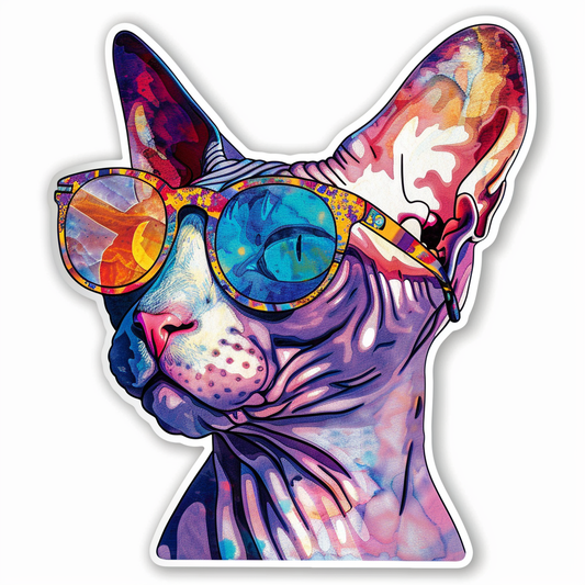 Cornish Rex Cat wearing sunglasses Expressive surreal Vinyl Decal Sticker for Car, Laptop, Tumbler and more # F020749-4" x 4"