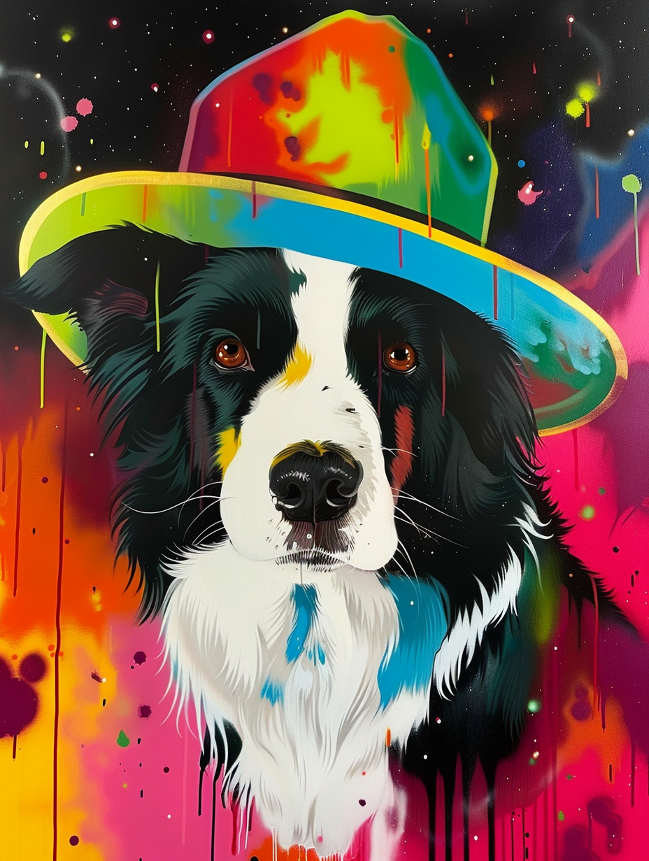 Colorful space Border Collie dog with a hat Expressive surreal Poster # F025151