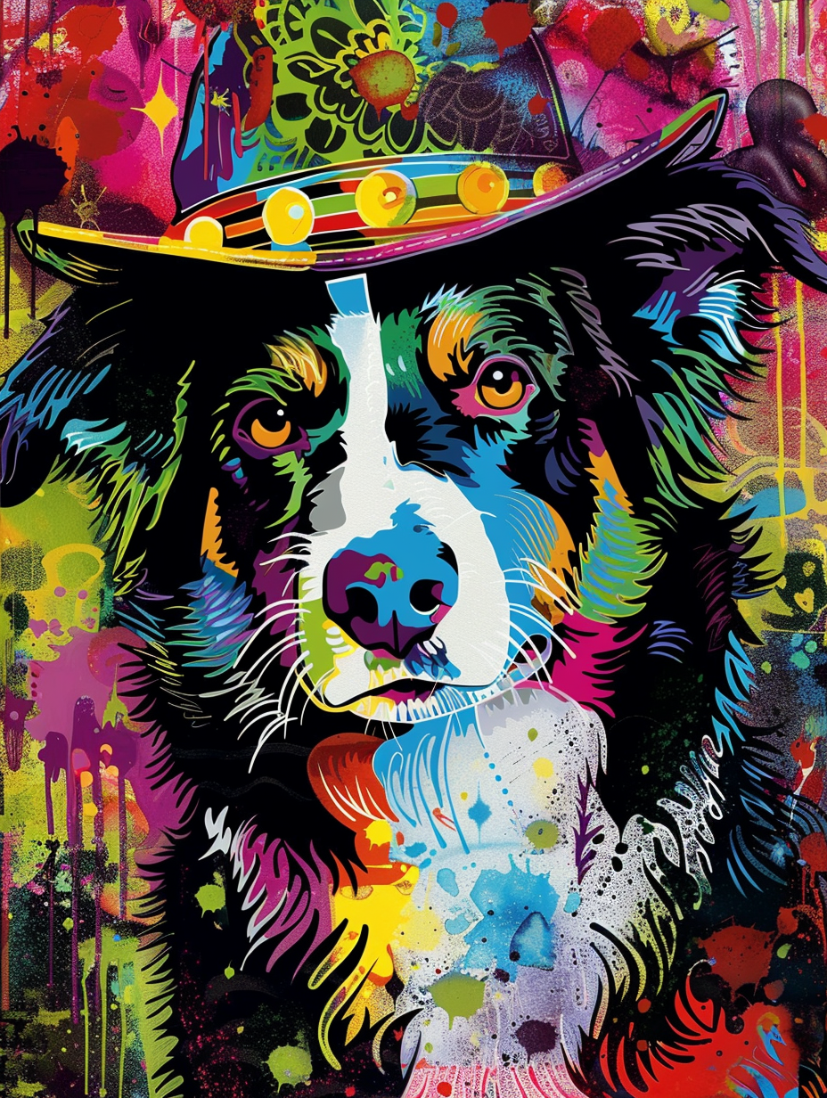 Colorful space Border Collie dog with a hat Expressive surreal Poster # F025000