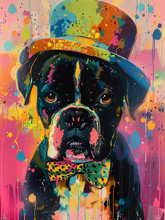 Colorful space Boxer dog with a hat Expressive surreal Poster # F025659