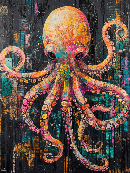 The silhouette of a octopus with an abstract color Expressive surreal Poster # F024827