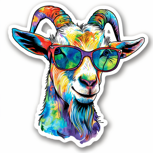 Goat wearing sunglasses Expressive surreal Vinyl Decal Sticker for Car, Laptop, Tumbler and more # F020442-4" x 4"
