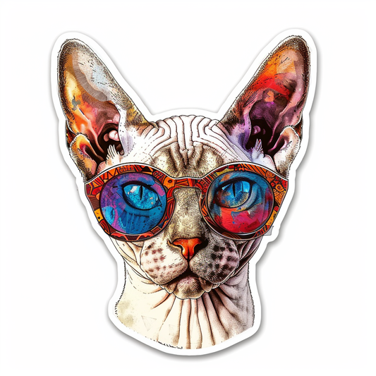 Cornish Rex Cat wearing sunglasses Expressive surreal Vinyl Decal Sticker for Car, Laptop, Tumbler and more # F020738-4" x 4"