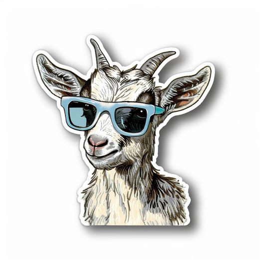 Goat wearing sunglasses Expressive surreal Vinyl Decal Sticker for Car, Laptop, Tumbler and more # F020457-4" x 4"