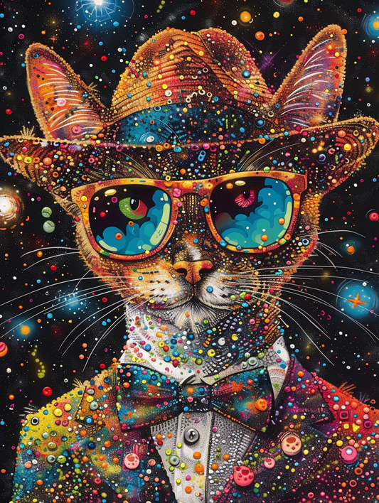 colorful space Manx cat with a hat Expressive surreal Poster # F025250