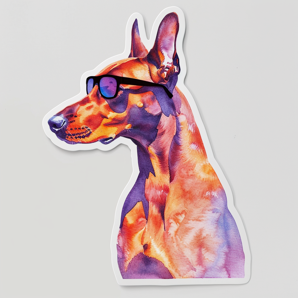 Sticker of a Doberman Pinscher Dog wearing sunglasses Expressive surreal Vinyl Decal Sticker for Car, Laptop, Tumbler and more # F019217