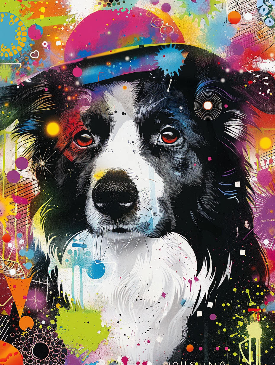 Colorful space Border Collie dog with a hat Expressive surreal Poster # F024589