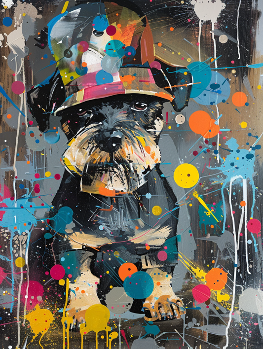 Colorful space Miniature Schnauzer dog with a hat Expressive surreal Poster # F025171