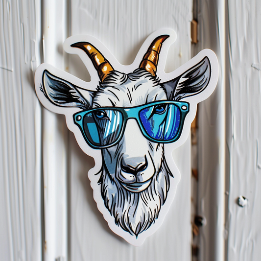 Goat wearing sunglasses Expressive surreal Vinyl Decal Sticker for Car, Laptop, Tumbler and more # F019774-4" x 4"