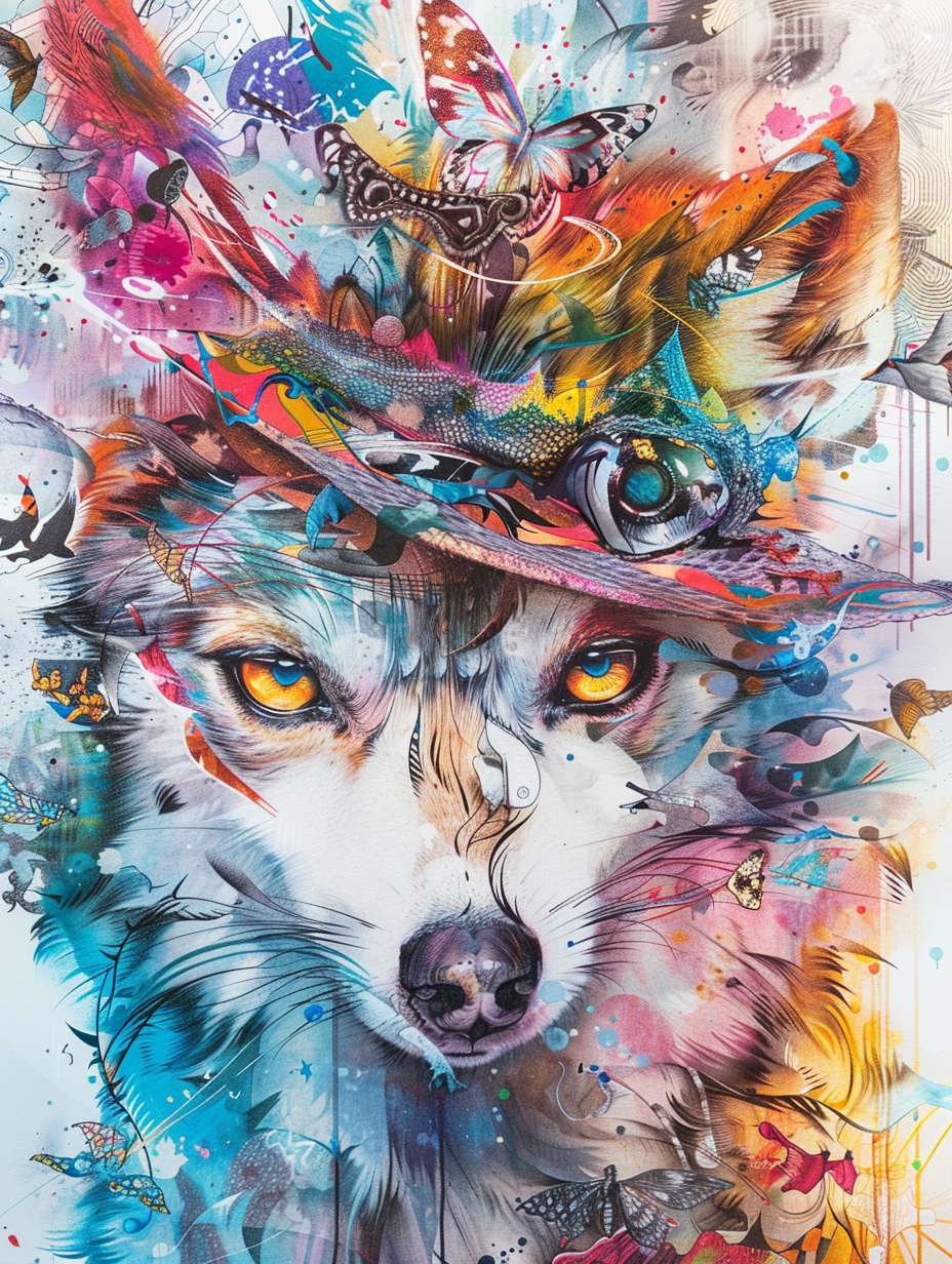 Colorful space Siberian Husky dog with a hat Expressive surreal Poster # F024542