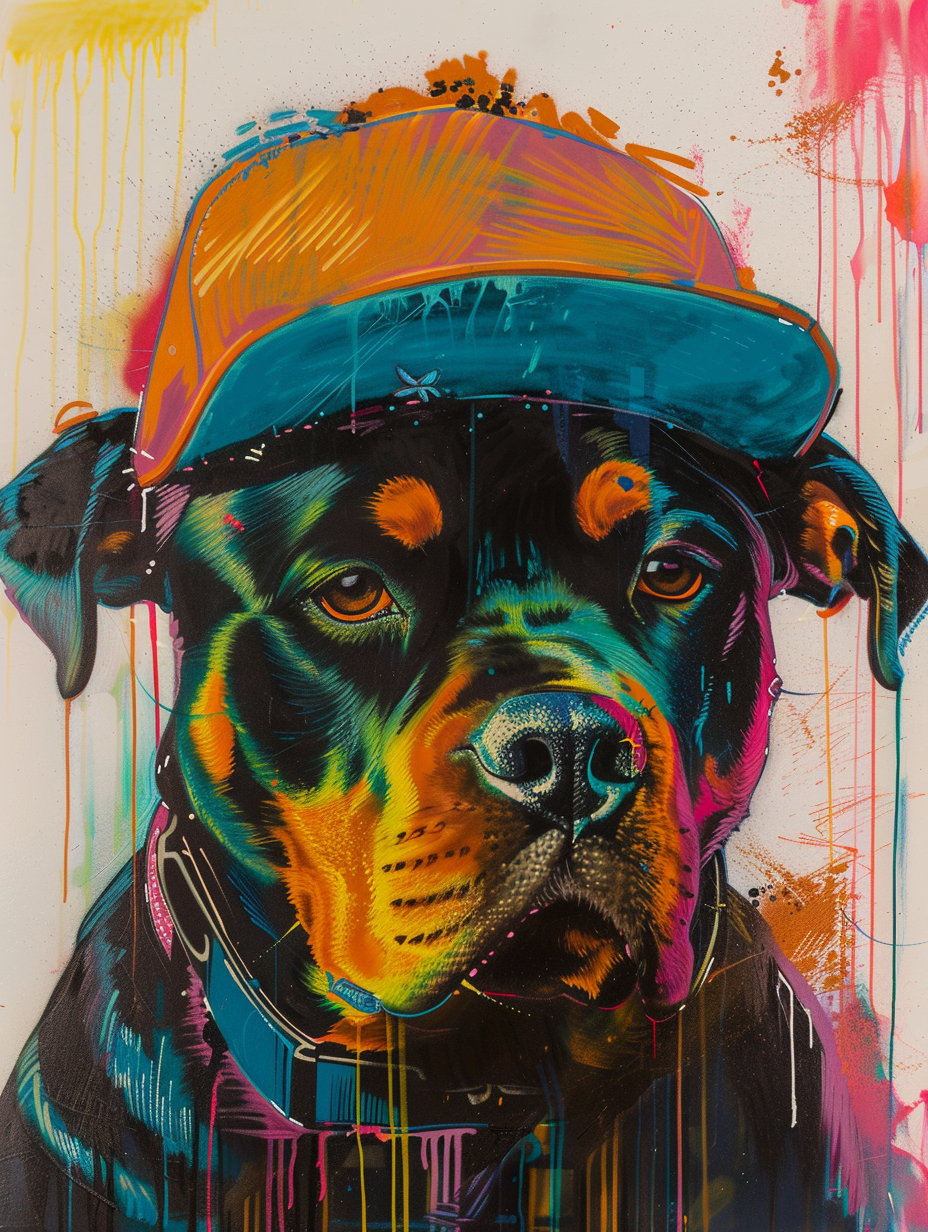 Colorful space Rottweiler dog with a hat Expressive surreal Poster # F024522