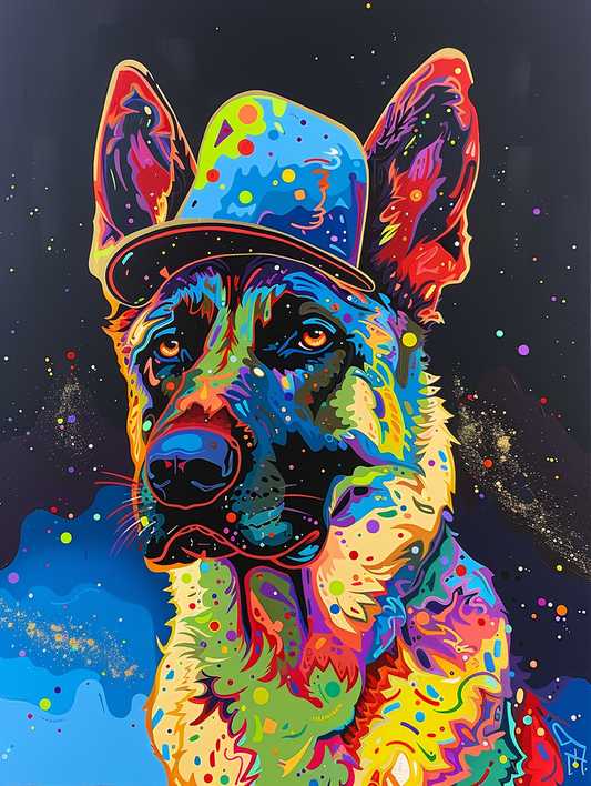 colorful space German Shepherd dog with a hat Expressive surreal Poster # F025550