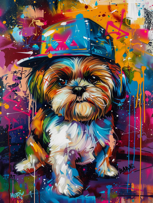 Colorful space Shih Tzu dog with a hat Expressive surreal Poster # F025626