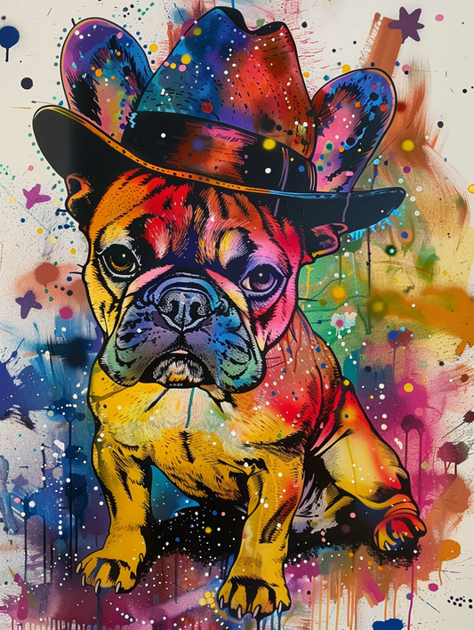 Colorful space Bulldog dog with a hat Expressive surreal Poster # F025534