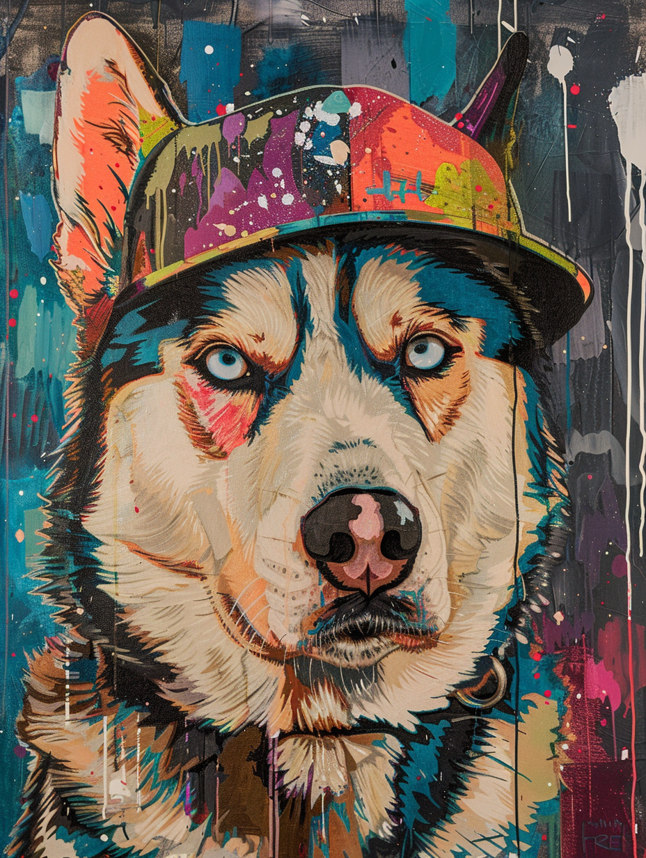 Colorful space Siberian Husky dog with a hat Expressive surreal Poster # F024930