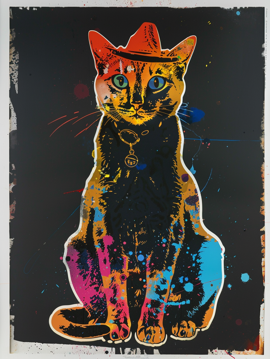Colorful space Bengal cat with a hat Expressive surreal Poster # F025339