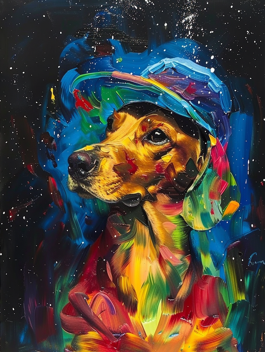 Colorful space Dachshund dog with a hat Expressive surreal Poster # F025100