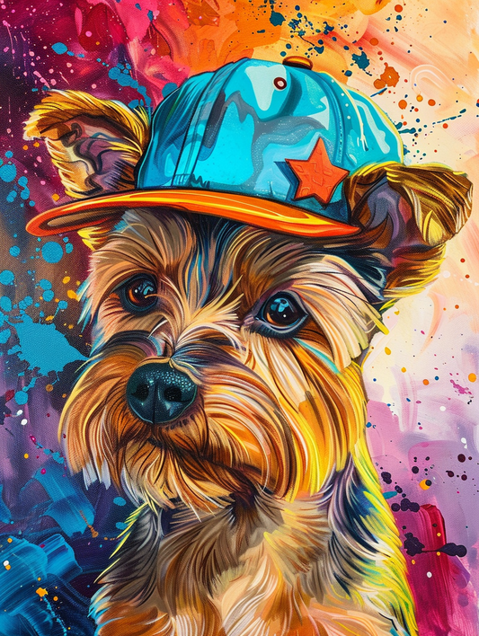 Colorful space Yorkshire Terrier dog with a hat Expressive surreal Poster # F025612