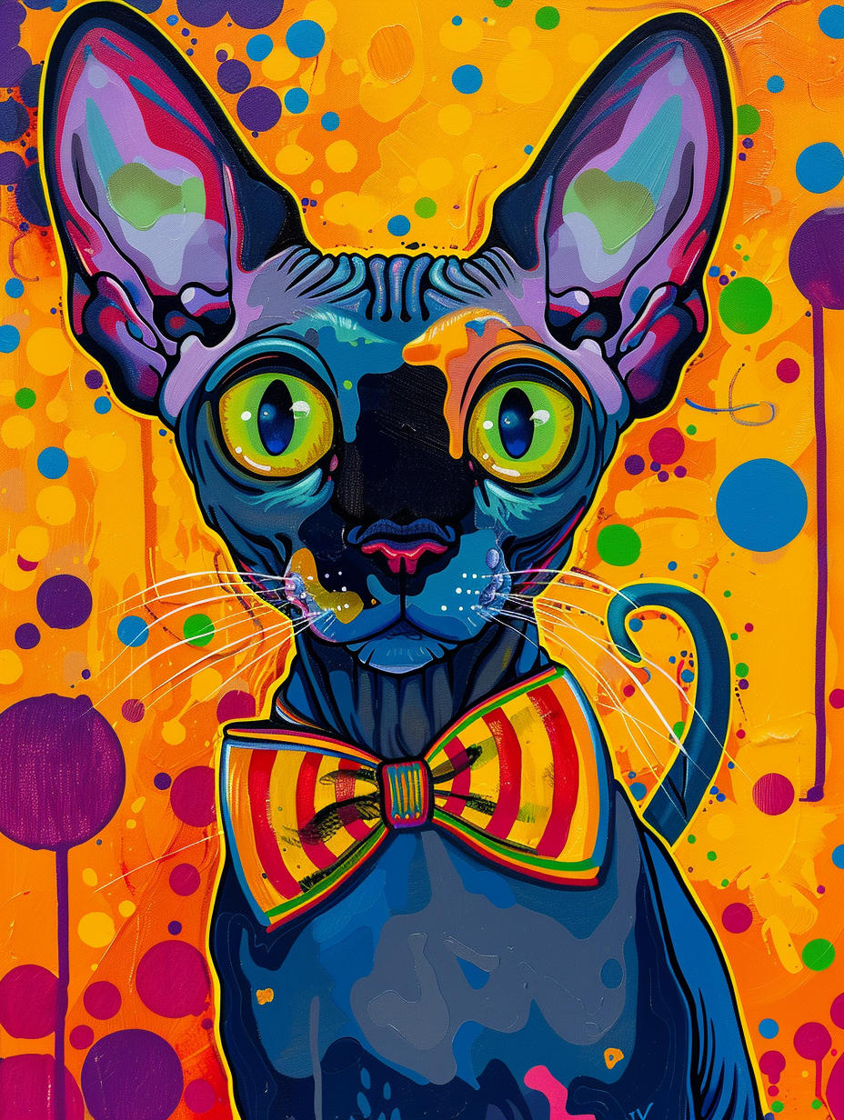 Colorful space Cornish Rex cat with a bow tie Expressive surreal Poster # F024330