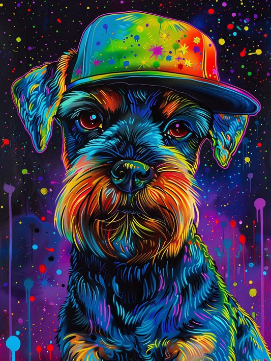 Colorful space Miniature Schnauzer dog with a hat Expressive surreal Poster # F024454