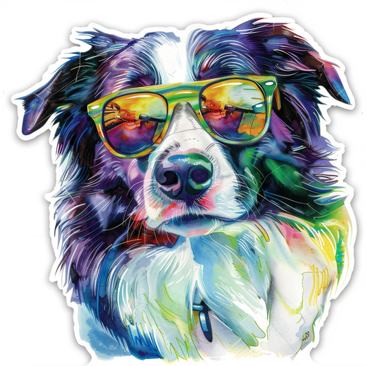 Border Collie Dog wearing sunglasses Expressive surreal Vinyl Decal Sticker for Car, Laptop, Tumbler and more # F021682-4" x 4"
