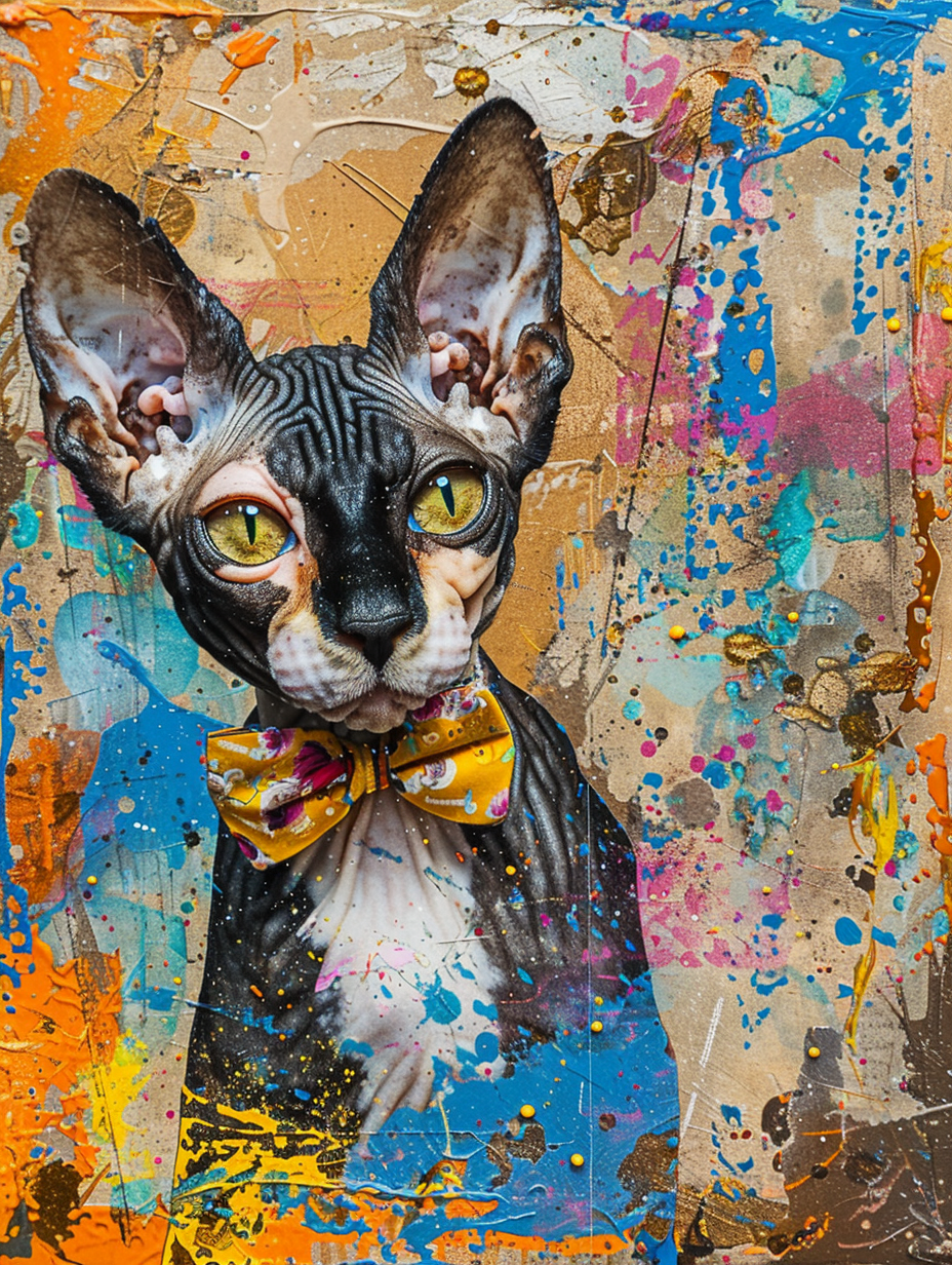 Colorful space Cornish Rex cat with a bow tie Expressive surreal Poster # F024302