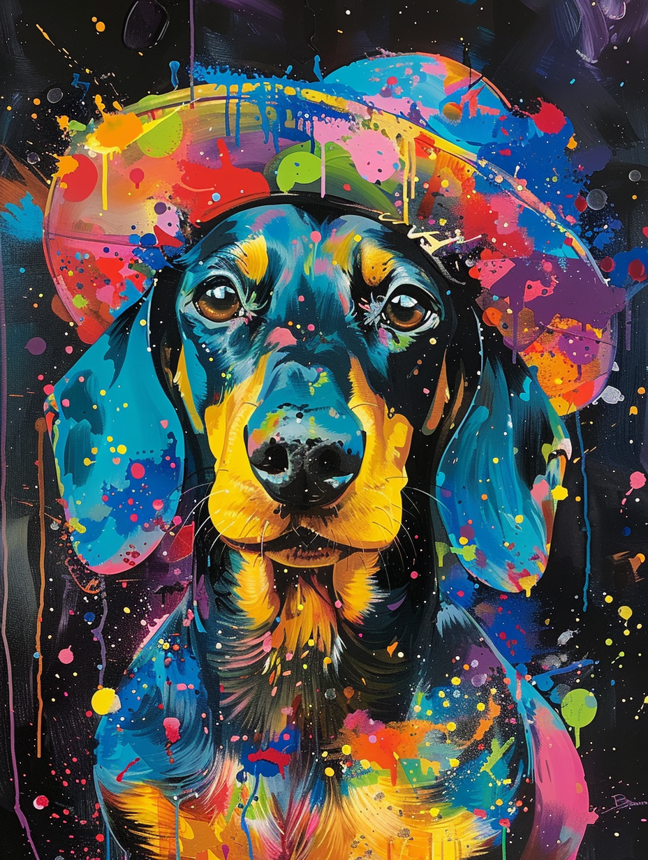 Colorful space Dachshund dog with a hat Expressive surreal Poster # F024943