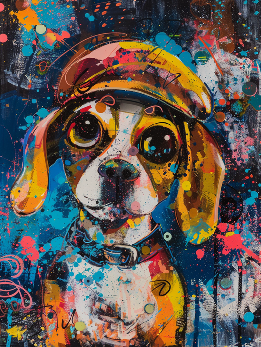 colorful space Beagle dog with a hat Expressive surreal Poster # F025638