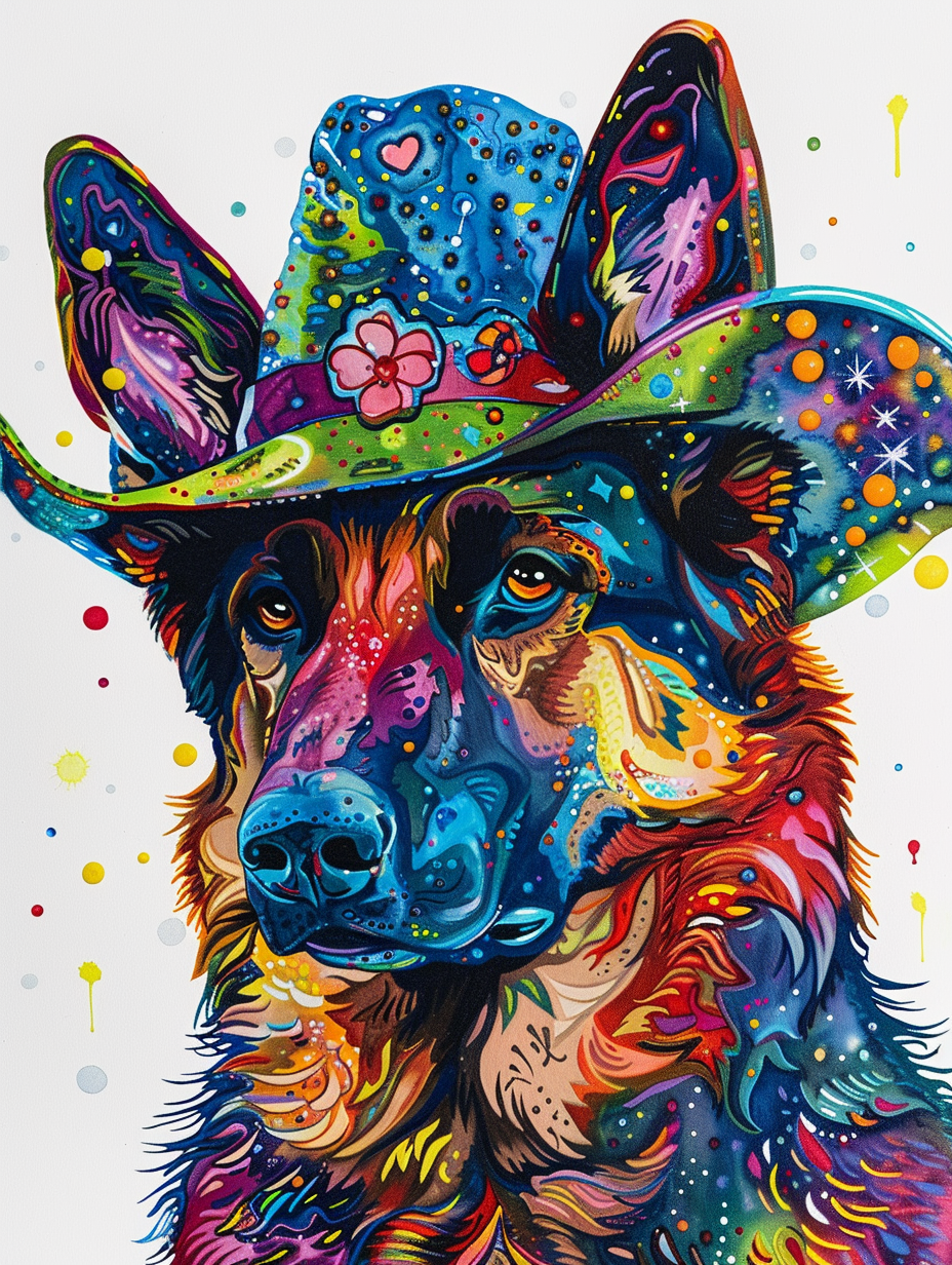 Colorful space German Shepherd dog with a hat Expressive surreal Poster # F025031
